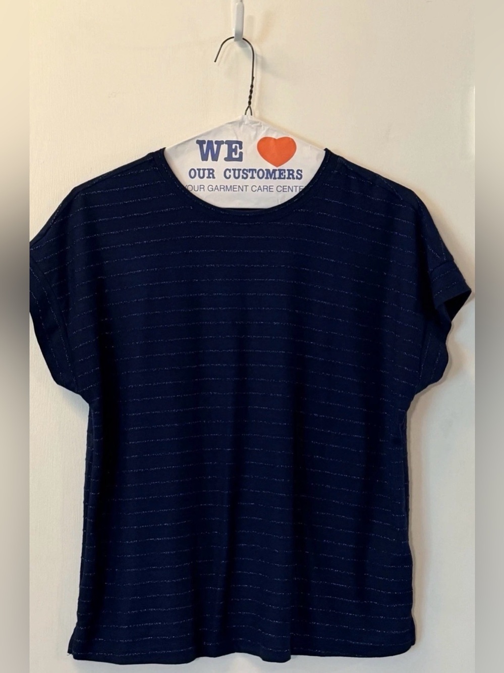 Ellen Tracy Navy Short Sleeve Knit Top with Metallic Stripes